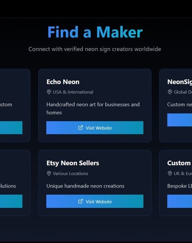a website page with neon designing tools and directory for neon vendors