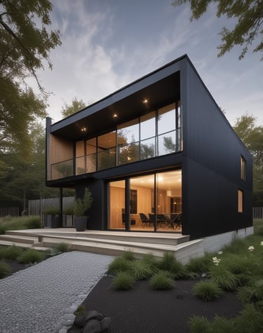 Modern prefabricated house with large windows and wooden accents in a sunny Barcelona neighborhood.