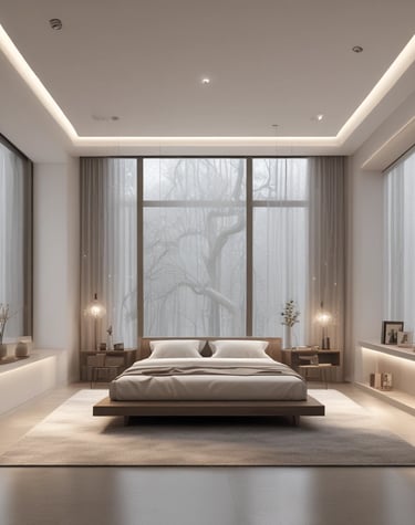 Finished prefabricated home surrounded by greenery, showcasing sustainable design elements.