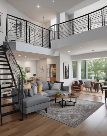 Interior view of a bright, energy-efficient living room with minimalist furniture and natural light.