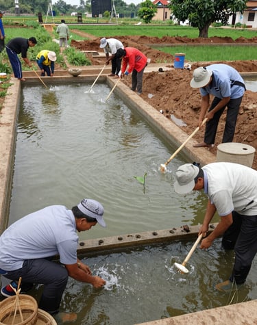 Community members planting native trees together beside a flowing river.