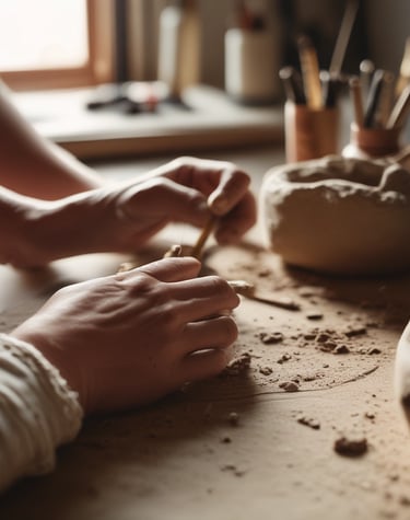 Close-up of hands shaping clay during a sensory creative session, with soft framboise-colored fabrics in the background.