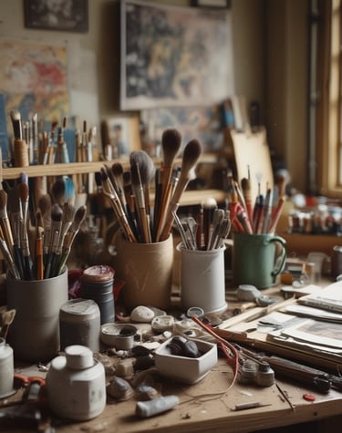 A serene creative workshop space with natural light, beige and emerald accents, and artistic tools arranged neatly.