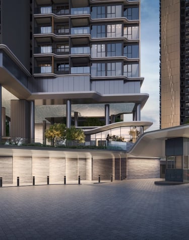 Modern luxury condominium entrance at Vela Bay with sleek architecture and landscaped driveway.