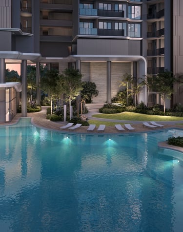 Luxury modern condominium featuring a resort-style swimming pool and landscaped gardens at sunset.