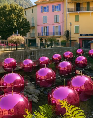 décor urbain avec des boules géantes