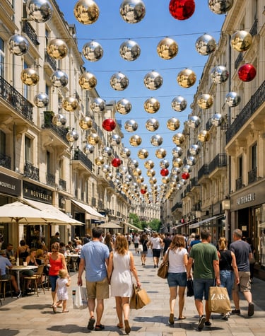 sphères géantes suspendues rue commerçante