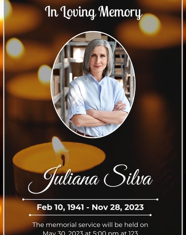 Candle-themed memorial poster with portrait and “In Loving Memory of Juliana Silva” text.