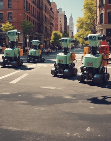 A group of colorful robots dancing and shaking their butts in sync on a minimalist stage.