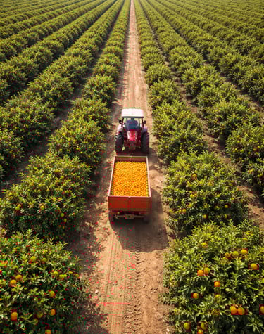 a tractor with a trailer in a citrus field