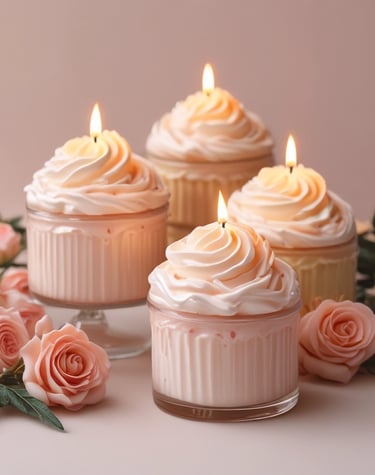 A cozy, pastel-colored gourmand candle with a subtle glow in a modern setting