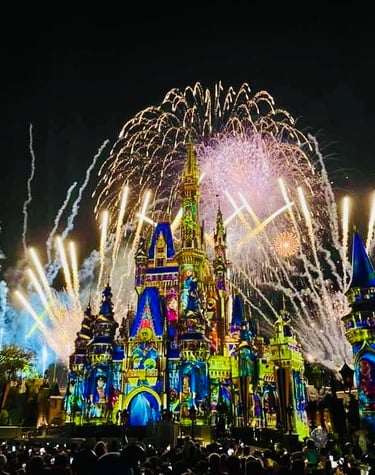 Fireworks behind Cinderella's castle at Walt Disney World