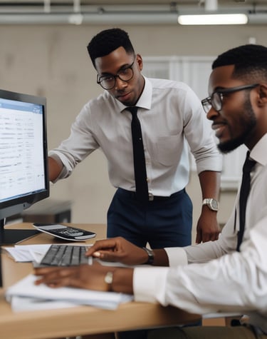 Photo of a team collaborating over financial reports in a modern office.