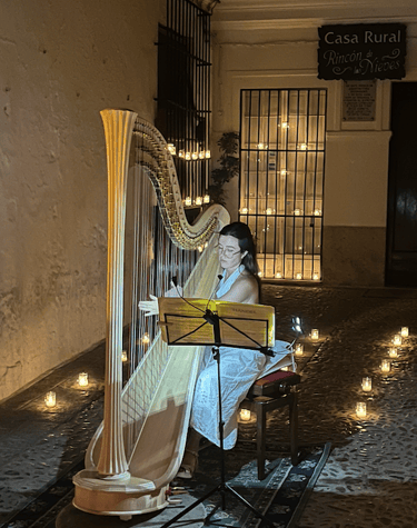 Belén García Sánchez playing the harp at a Candelight concert