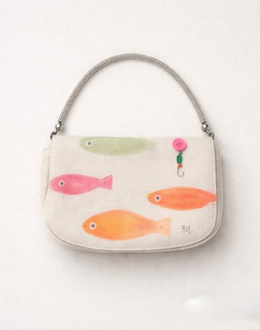 Cream canvas handbag with colorful painted fish and a metallic silver top handle.