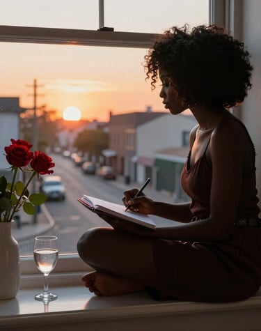 Reflective moment: a woman holding a journal near a window with soft natural light filtering in.