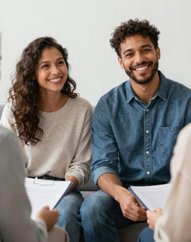 Two people sharing a quiet moment of connection in a sunlit meadow.