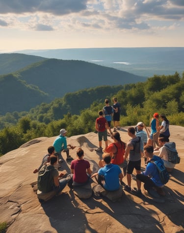 Campers gathered on hiking overlook