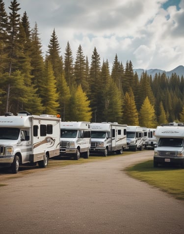 A convoy of motorhomes parked beside a tranquil forest lake at sunset.