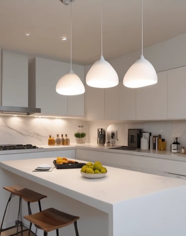 Sleek modern pendant lights hanging over a kitchen island.