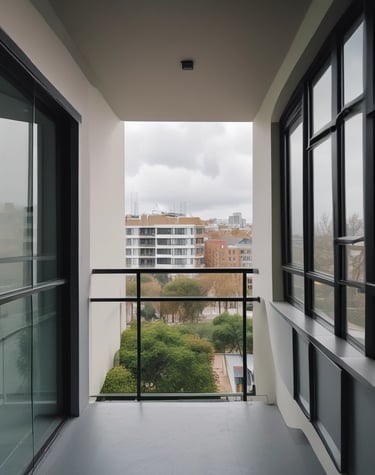 Wide shot of a storefront with large clear glass windows reflecting the cityscape.