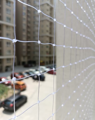 Technician carefully fixing a pigeon net on a balcony railing