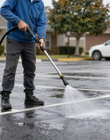 Technician carefully cleaning windows on a retail center with professional equipment