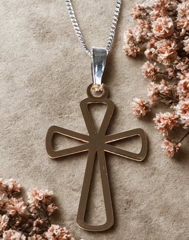 Gold cross pendant necklace with a silver chain, styled with dried pink flowers on a textured background.