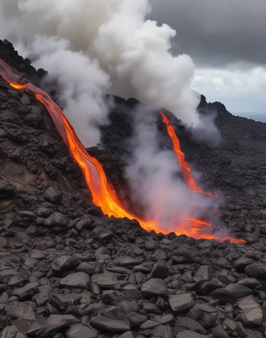 A vibrant display of lava light t-shirts and hats arranged on a wooden table with tropical flowers.