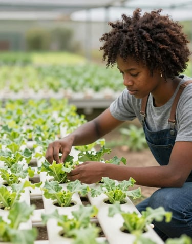 Farmers using tablets in a vibrant agroecological field under a clear blue sky.