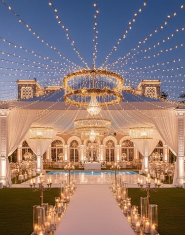 Luxury outdoor wedding reception tent with elegant chandeliers and hanging fairy lights at dusk.