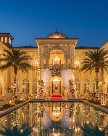 Luxury villa decorated with golden fairy lights for an outdoor wedding reception by a pool.