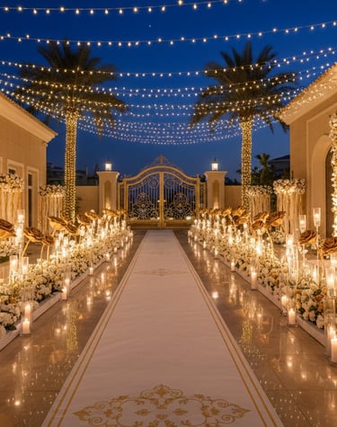 Luxury outdoor wedding aisle with white flowers, gold roses, and fairy lights at night.