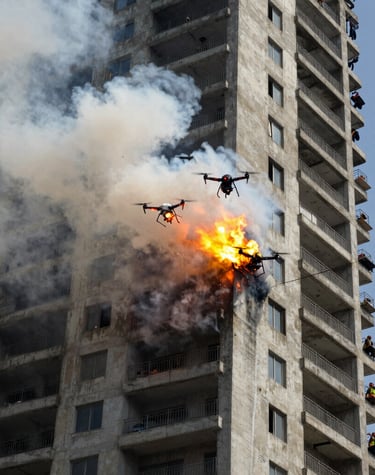 Drone equipped with thermal imaging scanning a rugged terrain for hotspots in wildfire control