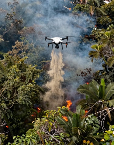 Close-up of an advanced firefighting drone releasing fire retardant over a burning industrial site
