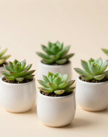 Close-up of realistic artificial succulents arranged in stylish ceramic containers on a wooden shelf.