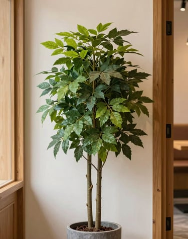 Cozy café corner with hanging artificial greenery and small potted plants on tables.
