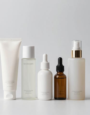 Softly lit flat lay of euni skincare bundles on a beige linen cloth.