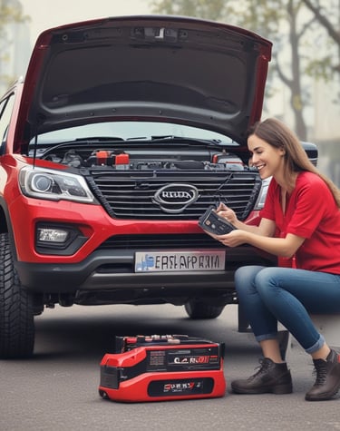 Close-up of a sleek AfriJump battery starter in use on a car battery at dusk.