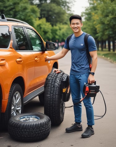 AfriJump tire inflator attached to a rugged SUV tire on a remote road.