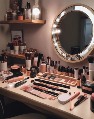 A cozy pastel-themed vanity table with beauty products arranged elegantly.