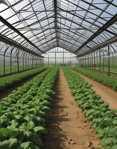 Various greenhouse structural components neatly arranged, highlighting metal frames and support beams.