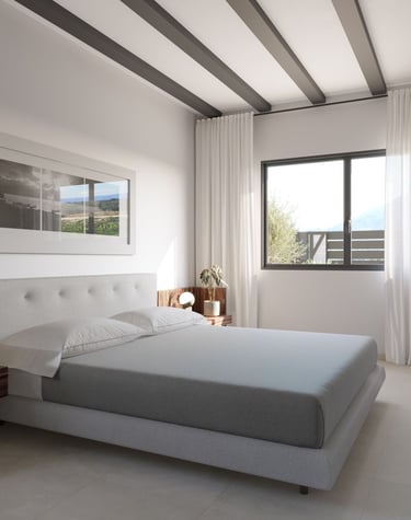 Chambre moderne et minimaliste avec lit rembourré gris, tables de chevet en bois foncé et poutres ap