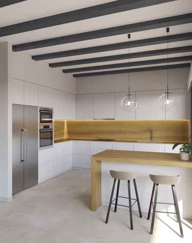 Cuisine moderne blanche avec touches de bois, bar pour le petit-déjeuner et poutres noires apparente