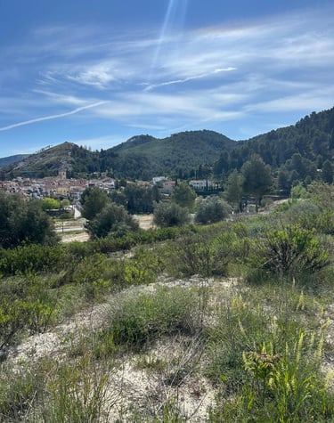 Vue panoramique d’un village espagnol historique niché dans une vallée montagneuse verdoyante