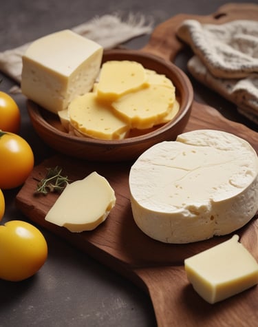 Aged cheeses arranged on a rustic wooden platter with fresh herbs.