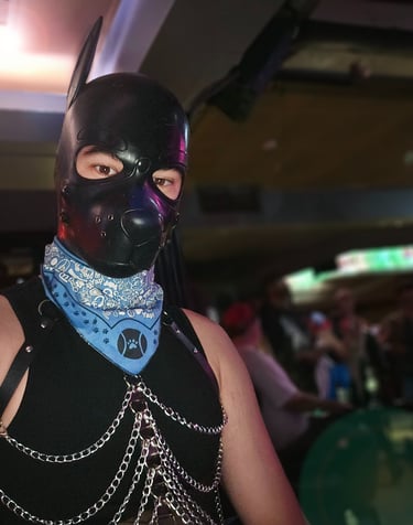 Man in a pup mask in a club.