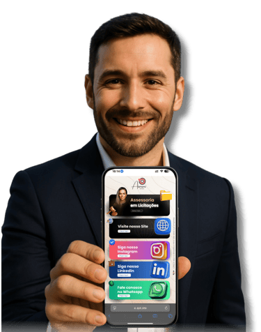 Homem sorridente de terno segurando um celular com mini site da Ajot Site exibido na tela, mostrando