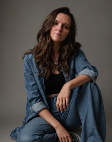 eine selbstbewusste Brünette Frau im Jeans Look