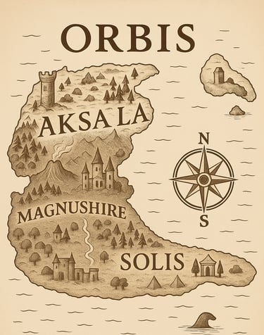 Fantasy map of Orbis kingdoms, cities, mountains and deserts from The Legends of Iron Spine
